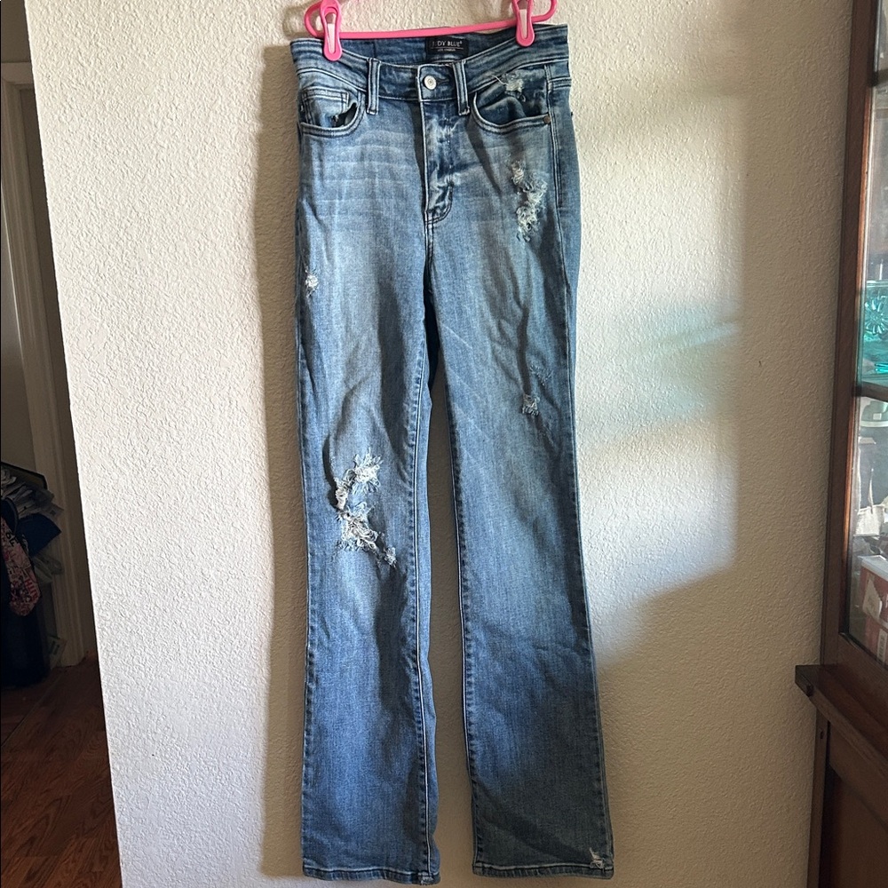 Judy Blue Medium Blue Distressed Wide-Leg Jeans